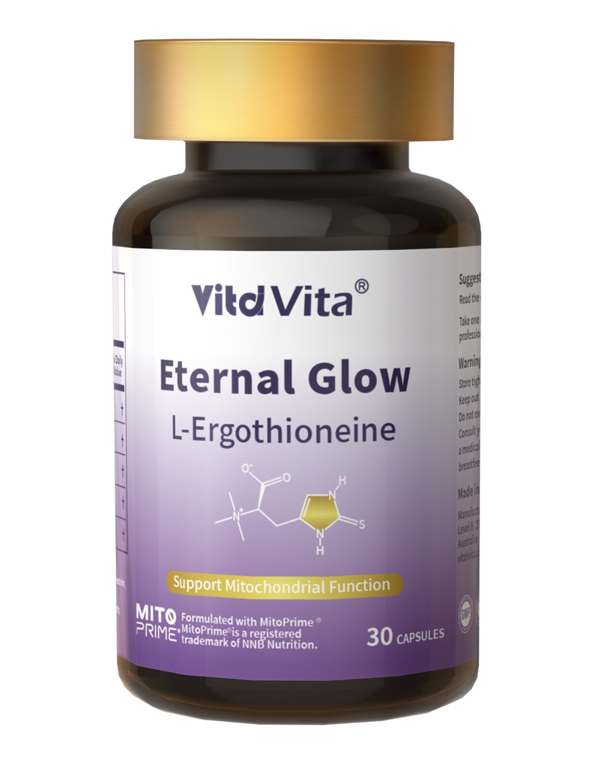 VitalVita Eternal Glow L-Ergothioneine VitalVita Eternal Glow L-Ergothioneine bottle, MitoPrime 25 mg, 30 capsules